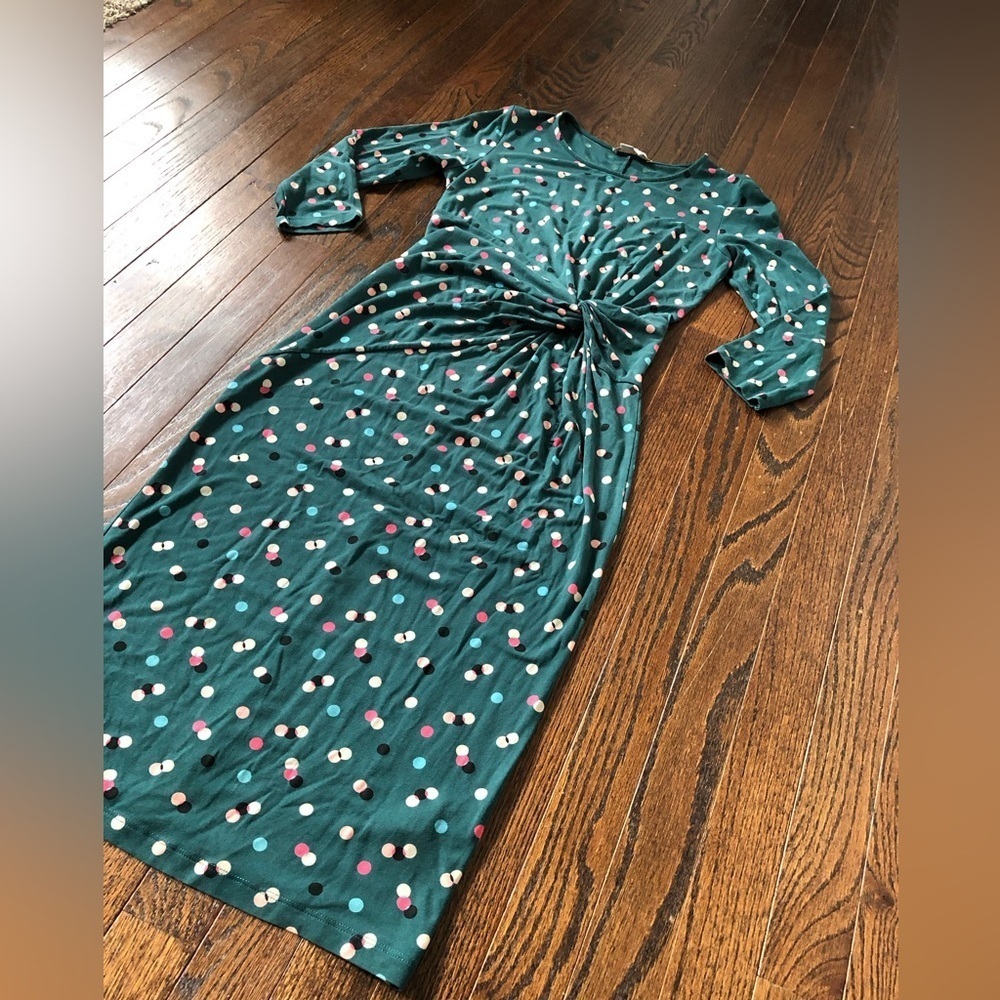 Boden Women’s 4R Green Polka Dot Sheath 3/4 Sleeved Dress w/Tie Knot Waist - EUC - Picture 3 of 10